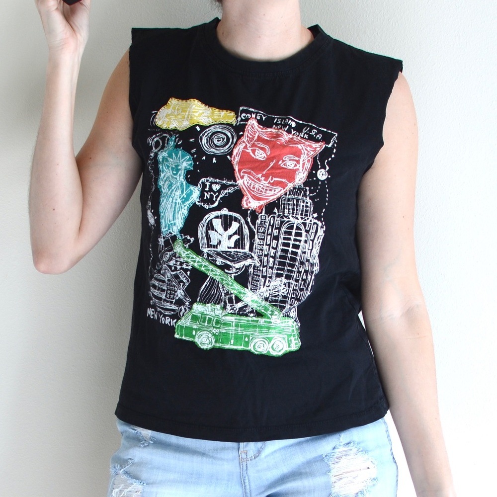 Stone Flower Vintage New York City Coney Island Cut Off Sleeves T Shirt
